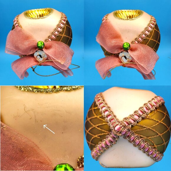 Indent Glass Teardrop Ornaments Gold Harlequin Pattern Tulle Ribbon Pink Trim 2 - Picture 8 of 10